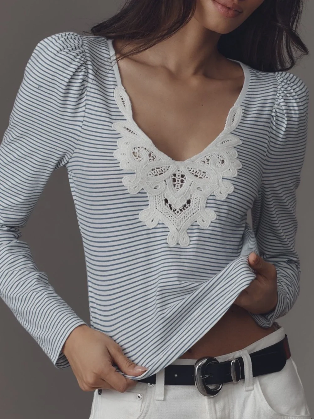 ANTHROPOLOGIE MAEVE Lace Detail Puff-Shoulder Long-Sleeve Knit Top Blue Stripe